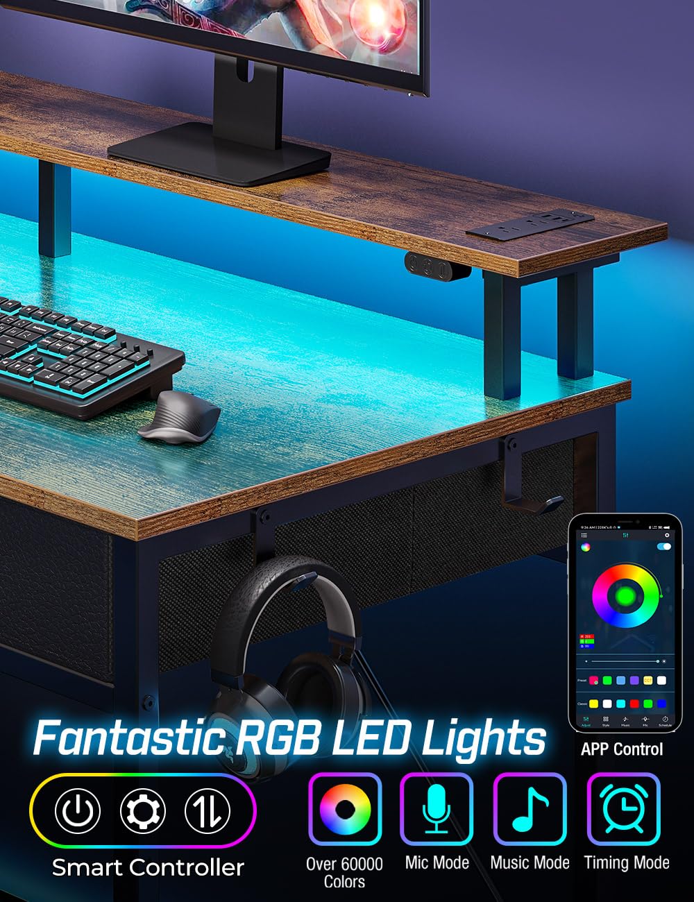 Rolanstar Computer Desk with Power Outlets & LED Light, 39 inch Home Office Desk with 3 Drawers and Storage Shelves, Writing Desk with Monitor Stand, Work Desk for Home Office,Rustic Brown Rolanstar