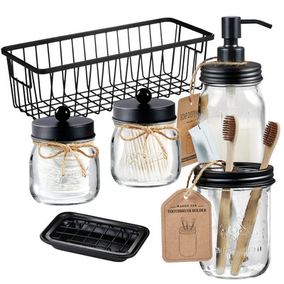SheeChung 6Pcs Mason Jars Bathroom Accessories Set Complete - Toothbrush Holder, Lotion Soap Dispenser, 2 Mason Jars, Soap Dish, Toilet Paper Basket, Rustic Farmhouse Decor (Black, 6Pcs Bathroom Set)