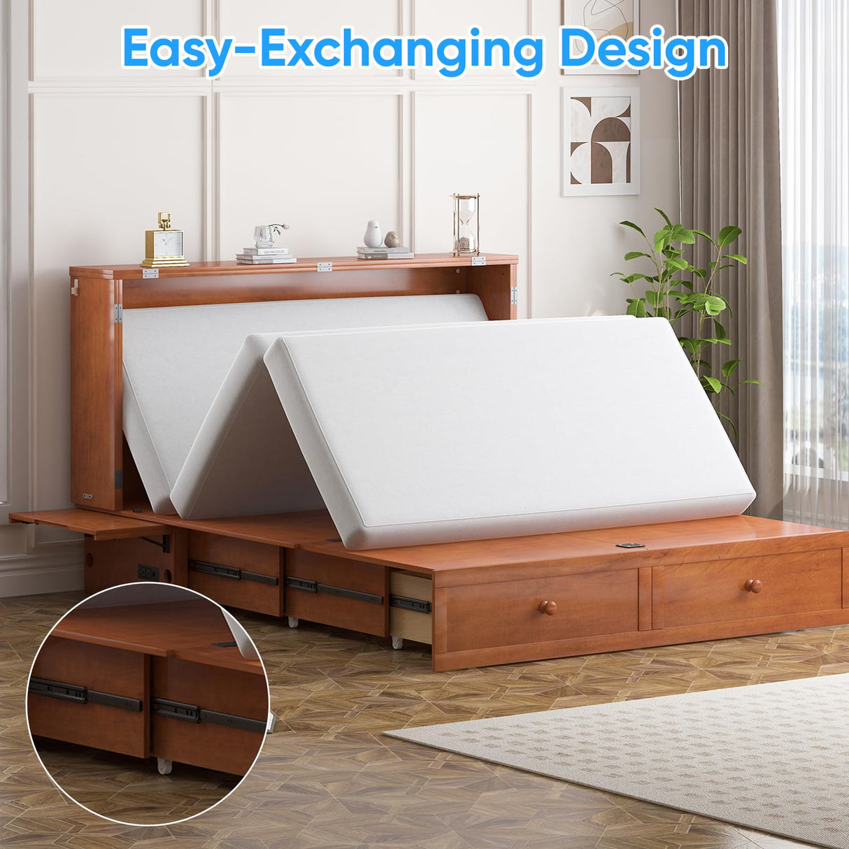 PUREMIND Murphy Bed Queen with Mattress Included - Solid Wood Hideaway Cabinet Bed with 2 Storage Drawers, USB Charging Ports & Headboard - Space-Saving Chest Beds for Home, Guest Room, Cherry PUREMIND