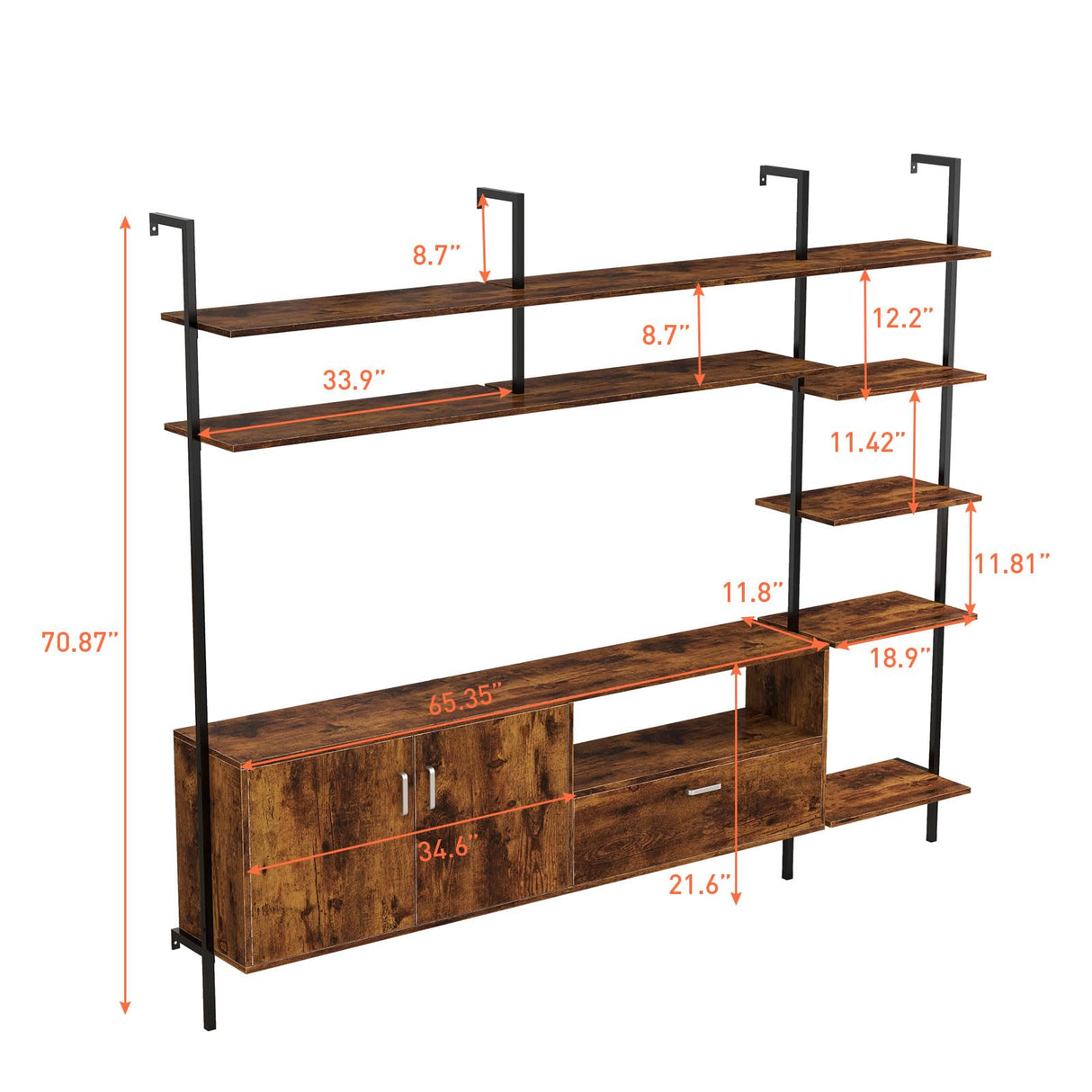 Bonzy Home Wall Mounted TV Stand for TVs up to 60", Industrial Entertainment Center with Bookshelves and Adjustable Shelves, 65" Wall Entertainment Center for Living Room, Rustic Brown Bonzy Home