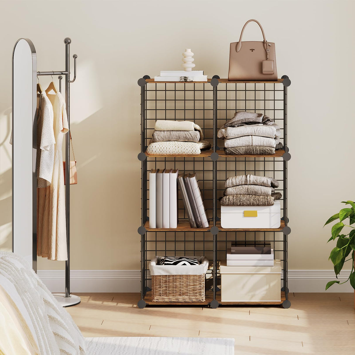 HOOBRO Cube Storage Organizer, Wire Cube Storage, 6-Cube Metal Grid Storage Shelf, Modular Cabinet, DIY Cube Bookshelf, for Living Room, Bedroom, Study, Rustic Brown and Black BF06CW01 HOOBRO