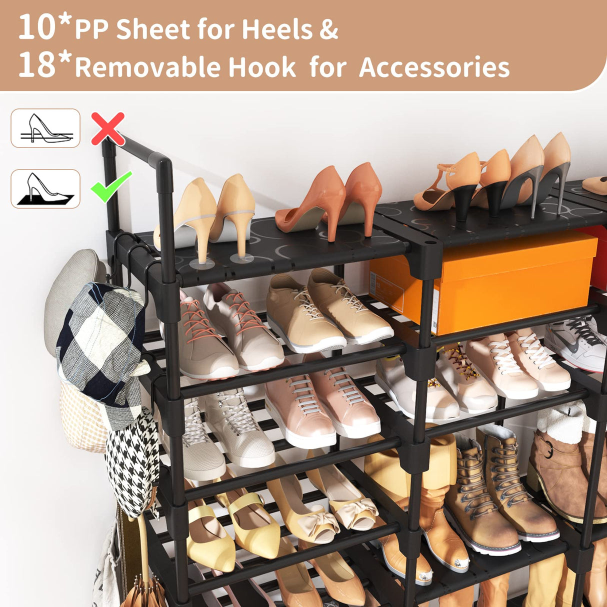 ROJASOP Large Shoe Rack Organizer for Entryway Closet 64-68 Pairs 9-Tier Heavy Duty Tall Garage Shoe Rack Shoe Shelf Shoes Storage with 18 Pcs Removable Side Hooks for Bedroom and Garage Black ROJASOP