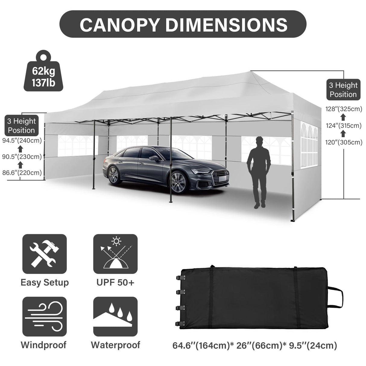 COBIZI 10x30 Pop up Canopy Tent Heavy Duty with 8 Sidewalls, Easy Set-up Commercial Outdoor Party Tent, 100% Waterproof Wedding Tent Gazebo, 3 Height Adjustable with Wheeled Bag, White COBIZI