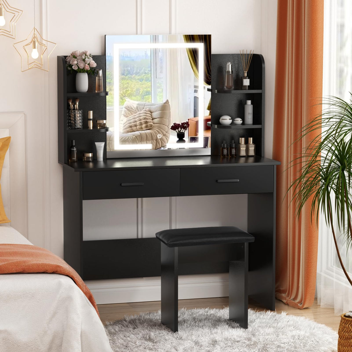 SMOOL Vanity Desk with Lighted Mirror - Makeup Vanity Table with 3 Color Light Options Adjustable Brightness, Vanity with 6 Storage Shelves, 2 Large Drawers, Vanity Set for Girls Women, Black SMOOL