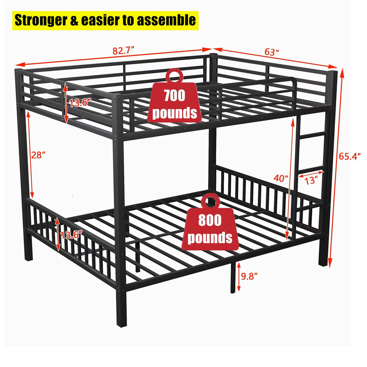 LEEKAF Stronger & Higher Quality Heavy Duty Steel Metal Queen Over Queen Size Bunk Bed, More Stable Thickened Bunk Queen Bed with Enhanced Legs & Slats (Faster Assembly) (Queen Over Queen-1) LEEKAF