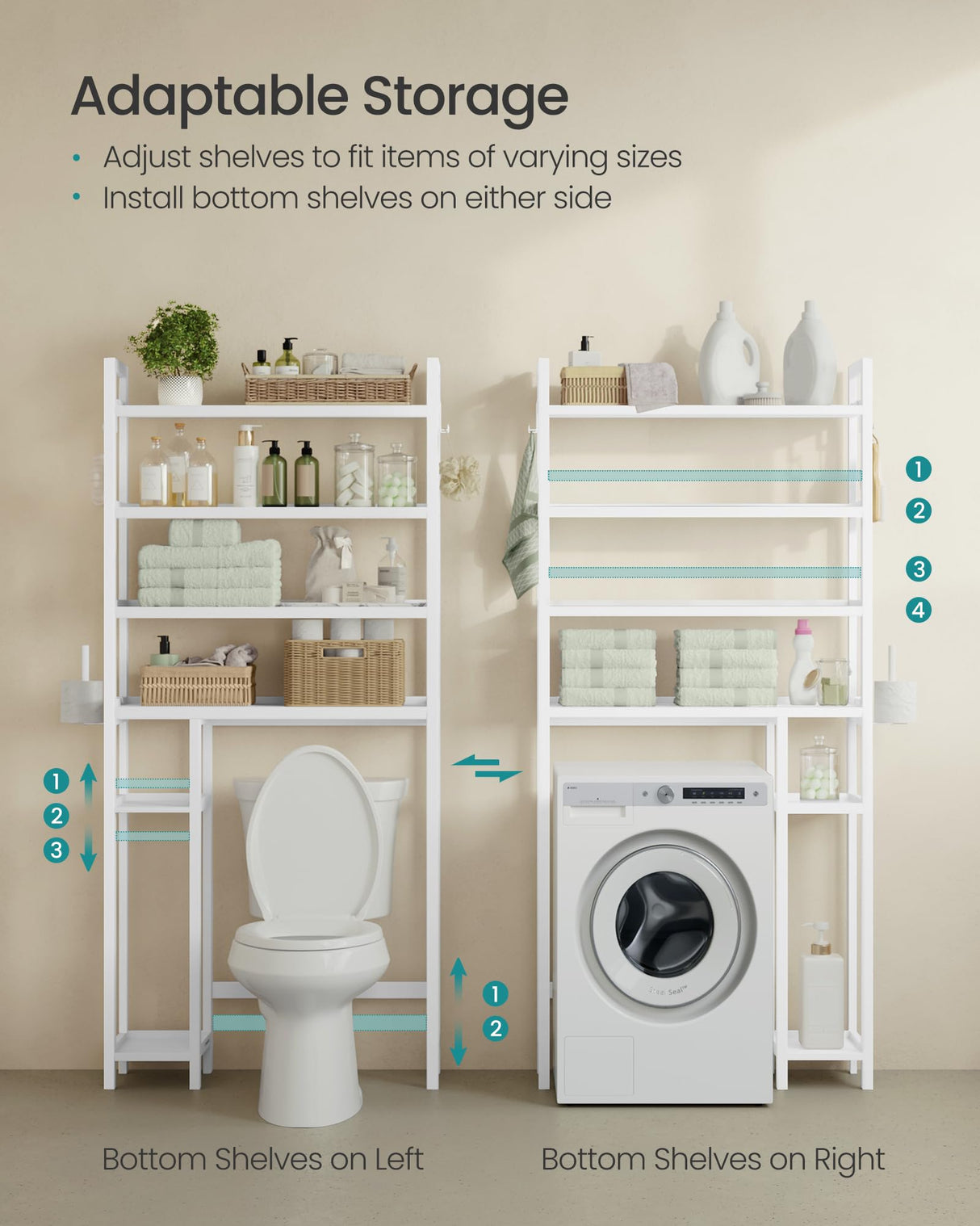 SONGMICS Over The Toilet Storage Shelf with Toilet Paper Holder, Bamboo Bathroom Organizer with Adjustable Shelves, 10.2 x 32.7 x 72.8 Inches, 4 Hooks, Storage Rack, Cloud White UBTS017W01 SONGMICS