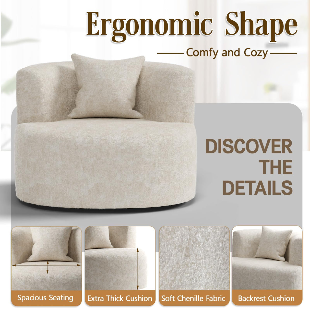 Yaciente 360° Oversized Swivel Accent Chair, Comfy Chenille Fabric Barrel Swivel Chair, Upholstered Round Chairs with Pillow, Round Reading Chair for Living Room, Nursery, Bedroom, Beige Yaciente