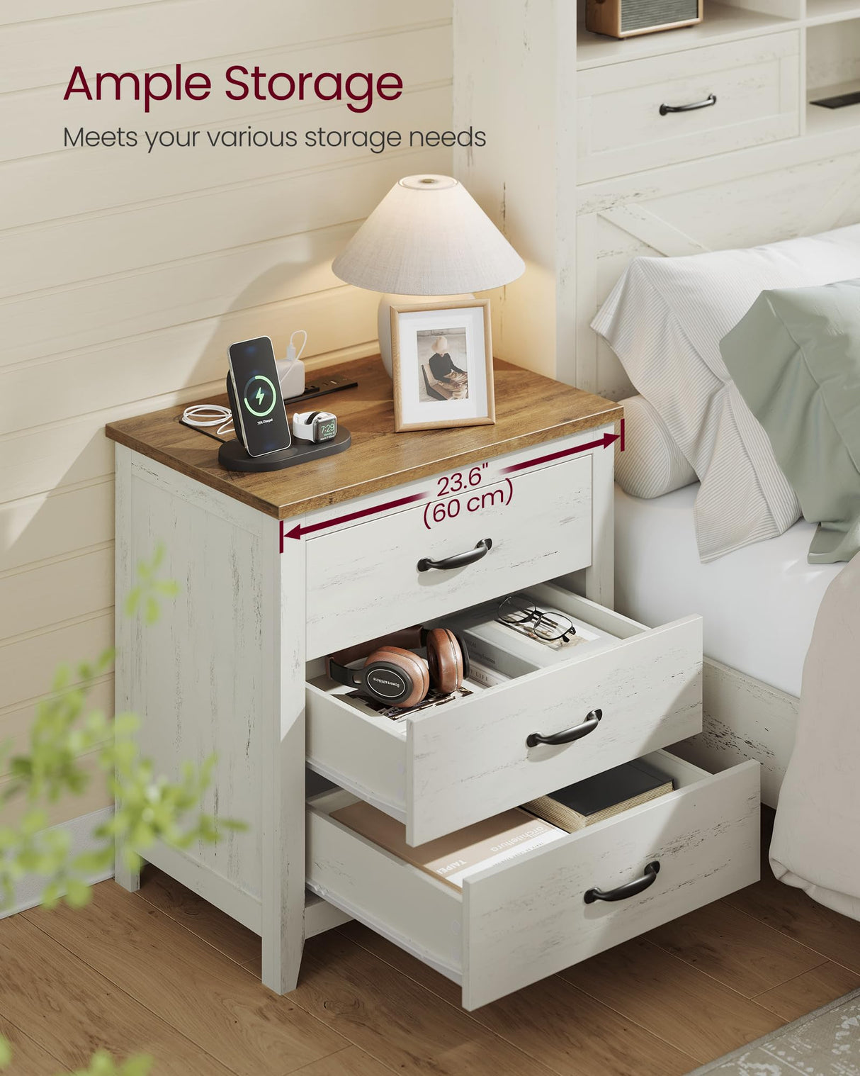 VASAGLE LIRY Collection - Farmhouse Nightstand with Charging Station, Bedside Table, Side End Table with 3 Drawers, for Bedroom, Rustic White and Honey Brown ULET679W01 VASAGLE