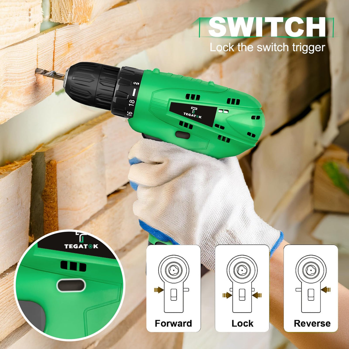 Tegatok Cordless Drill Set,12V Power Drill Set with Battery and Charger, Electric Driver Drills Bits, 3/8'' Keyless Chuck,18+1 Torque Setting with LED Electric Drills Set Tegatok