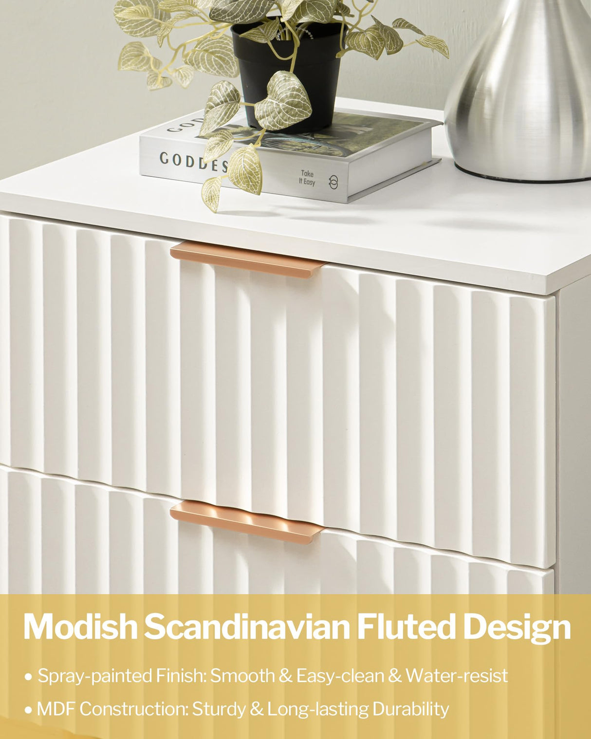 SICOTAS White Night Stand Set 2, Wide Fluted Nightstand with 2 Drawers, Modern Glossy Storage Bedside Table for Bedroom, End Side Table with Golden Metal Legs and Handles(2, White) SICOTAS