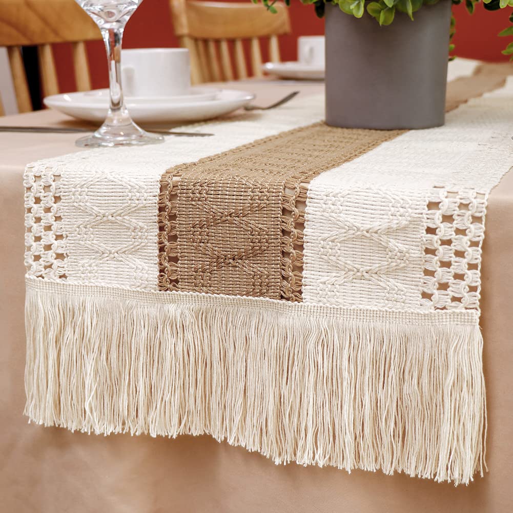OurWarm Macrame Table Runner Farmhouse Style, Natural Burlap Boho Table Runner Modern Farmhouse Decor Rustic Woven Cotton Crochet Lace for Bohemian, Rustic,Bridal, Shower Wedding, Dinner, 72" x 12" OurWarm