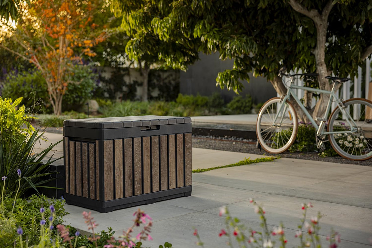 Keter Signature Everwood 50 Gallon Resin Deck Box-Organization and Storage for Patio Cushions, Throw Pillows and Garden Tools, Walnut Keter