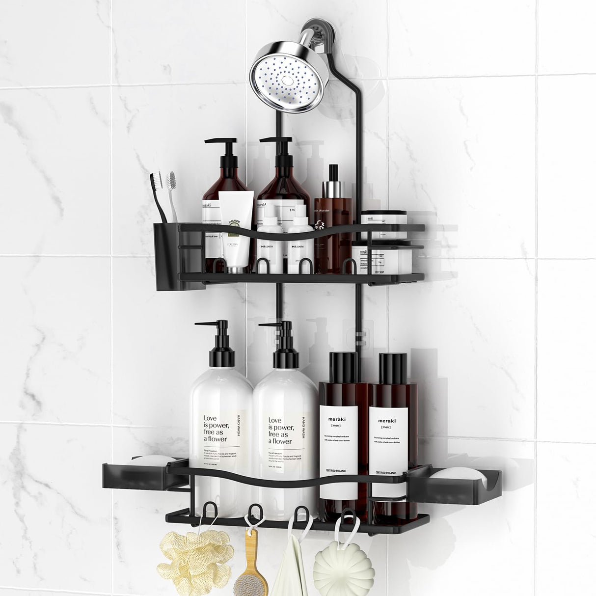 REINHARDT Shower Caddy Hanging, Rustproof Shower Caddy Anti-Swing Shower Organizer Over Showerhead No Drilling Shower Racks with Soap Holder Multi Hooks Bathroom Storage for Shampoo Sponge, Black REINHARDT