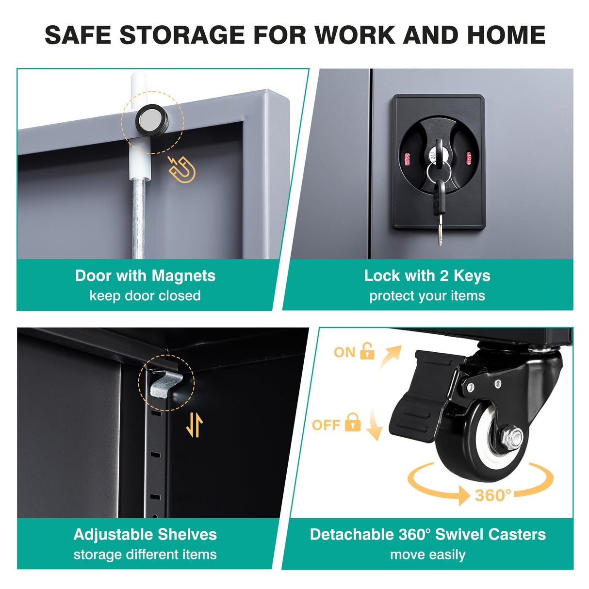 SISESOL Metal Storage Cabinet with Wheels,75 inch Rolling Garage Storage Cabinet with Lock,Gray Metal Cabinets with Wheels and Shelves,Tall Tool Cabinets on Wheel for Garage,Home,Office,Shop SISESOL