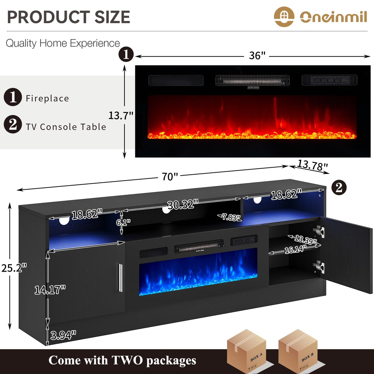 oneinmil 70" Fireplace TV Stand for TVs Up to 80", Electric Fireplace Entertainment Center with LED Lights & Storage Cabinets, Media Console Table for Living Room, Black oneinmil