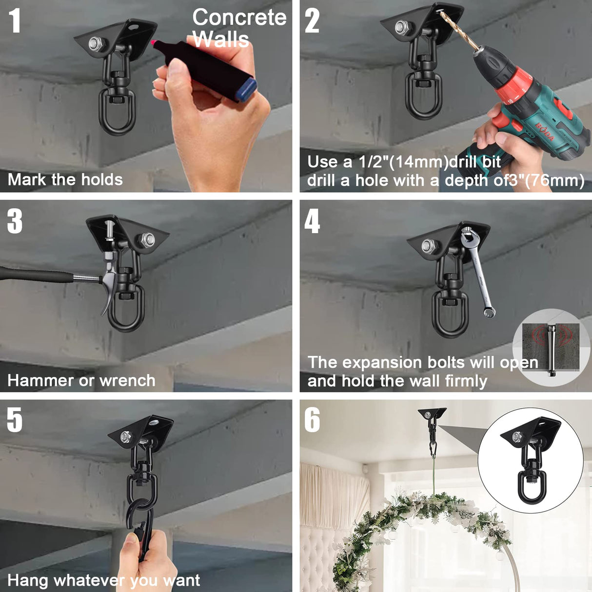 Hammock Hanging Kit,Hanging Chair Hardware 360°Rotating 1200 lb Capacity Hammock Hooks Heavy Duty,Hammock Chair Hanging Kit & Swing Ceiling Hook Snap for Hammock Chair Stand,Seat, Tree,Yoga,Gym(Black) JACNITAD