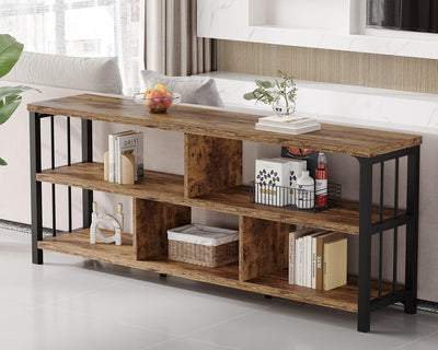 IBF Bookshelf, Farmhouse 63” Long Open Book Shelf, Wood Metal 5 Cube Bookcase for Living Room, Low Horizontal Bookshelf for Bedroom, Wide Cubby Storage Organizer for Home Office, Rustic Brown, 63 Inch