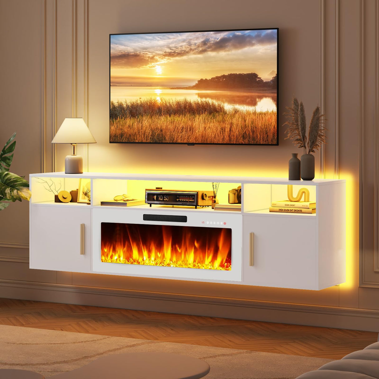 LEMBERI Floating Fireplace TV Stand 70'' Wall Mounted Shelf, LED Light Entertainment Center and Storage, Modern Wood Media TV Console with Highlight (White with White Fireplace) LEMBERI