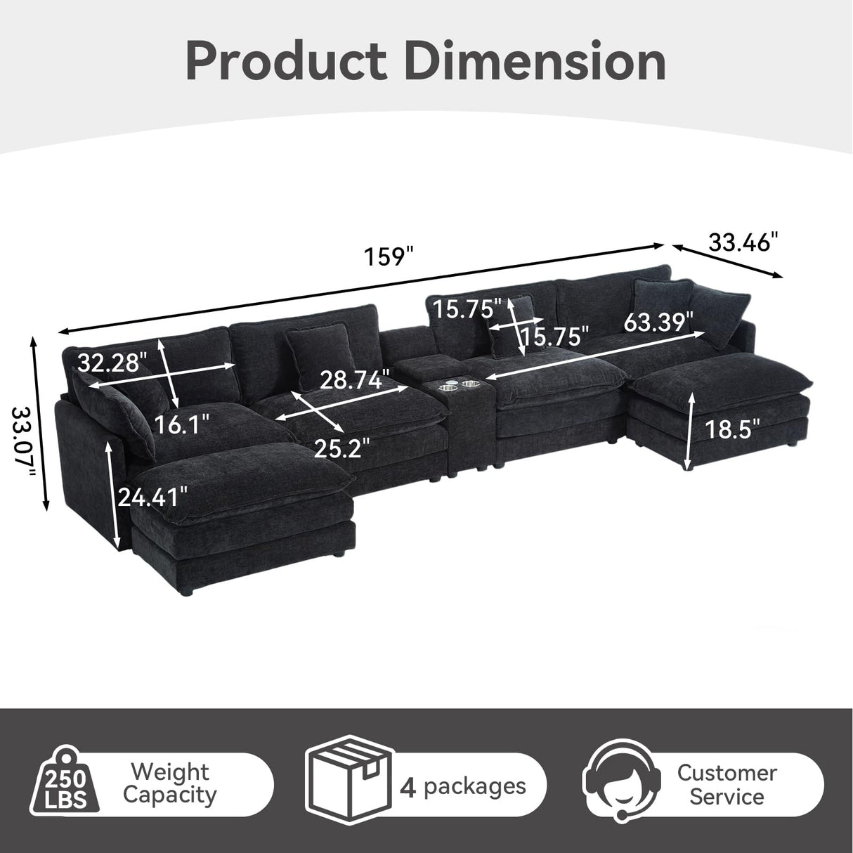 VEPXXP Oversized Modular Sectional Sofa, 159" Modern Large 6 Seater U Shaped Sectional Couch with Ottoman, Comfy Cloud Couches with Cup Holders & USB for Living Room, Spacious Space (Black) VEPXXP