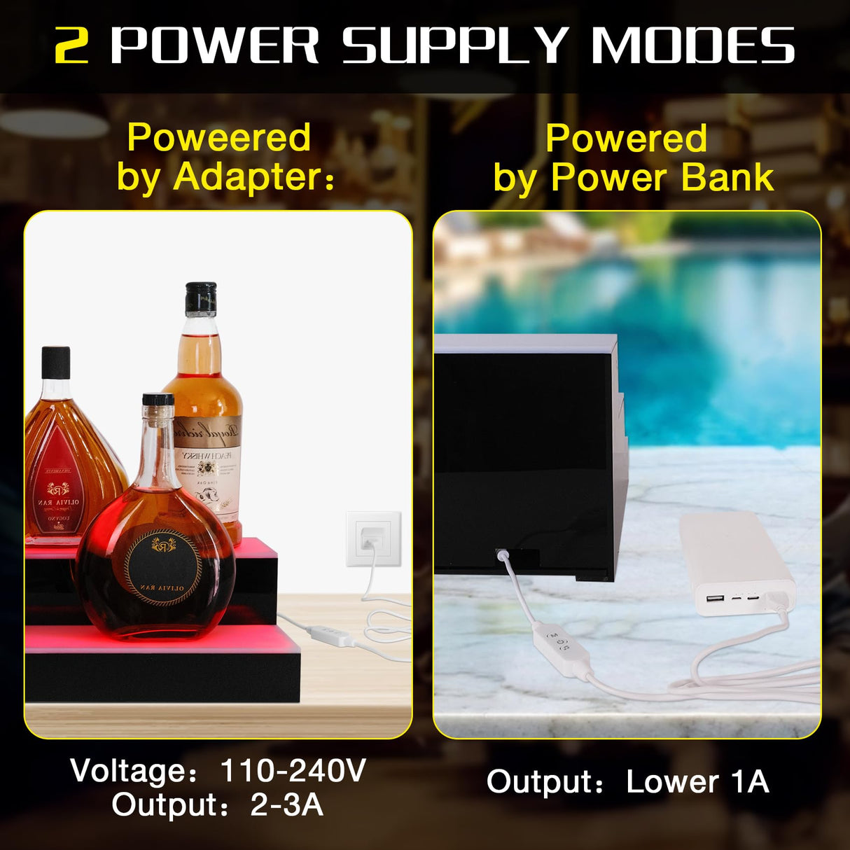 ClarityCraze LED Lighted Liquor Bottle Display Shelf, 2 Tiers 24 Inch Bar Bottle Display Shelf with Remote and App Control for Home Bar Party Whiskey Wine Coffee Syrup Water Bottle Display ClarityCraze