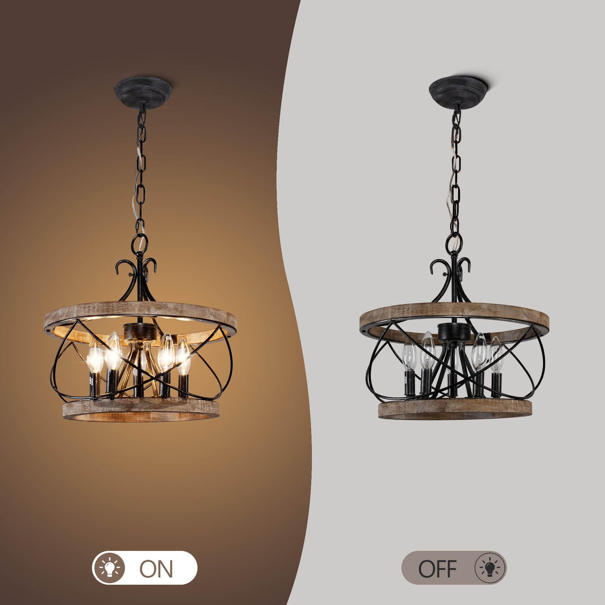 Dawn Whisper Farmhouse Chandelier, 15.7" Rustic Drum Chandelier Light Fixture Over Table, 5-Light Candle Wood Chandelier for Dining Room, Kitchen Dawn Whisper