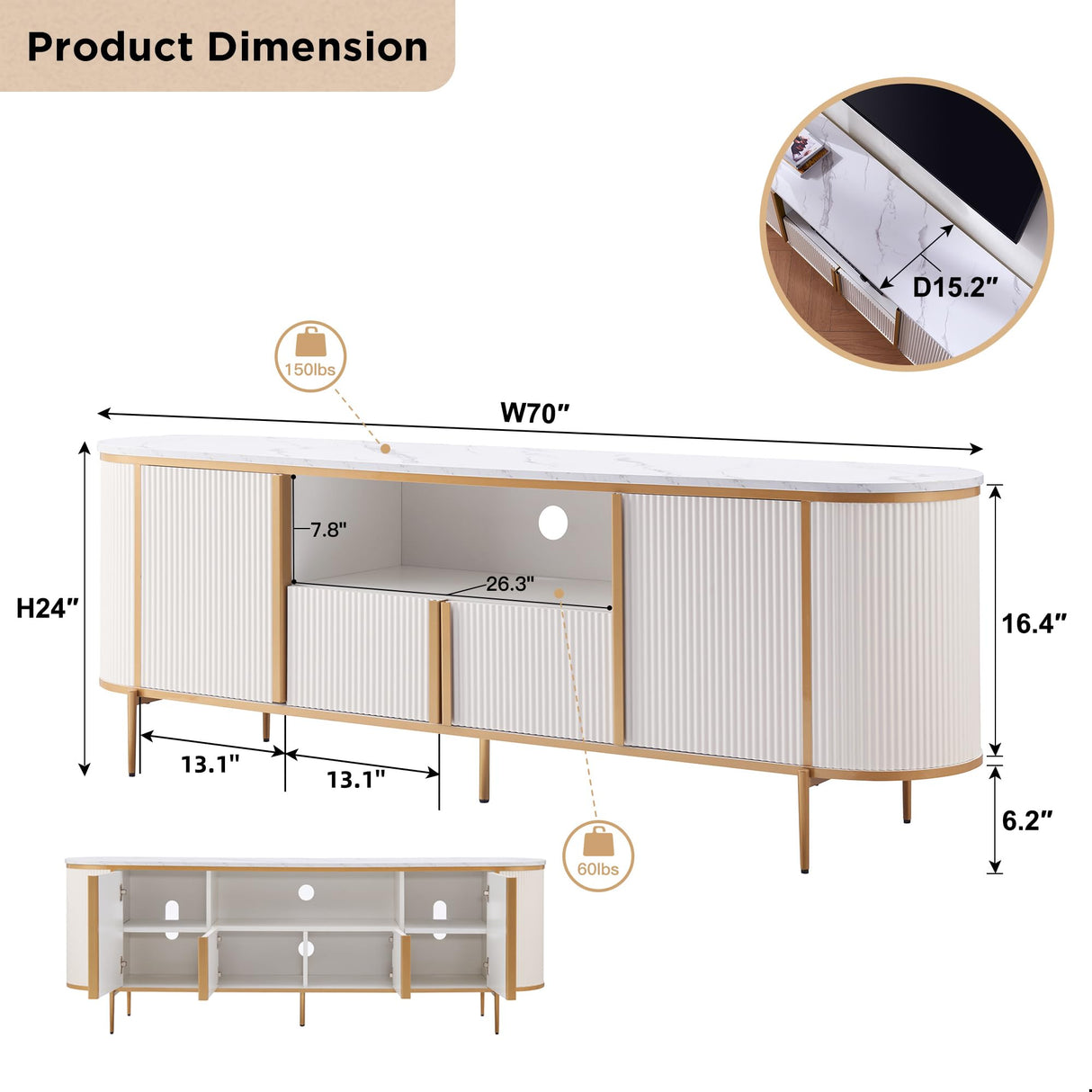 OKD Luxury 70" Fluted TV Stand, Modern Chic Entertainment Center for TVs Up to 80 inches, TV Console with Faux Marble Top, Curved Profile Design, Media Console for Living Room, Off White OKD