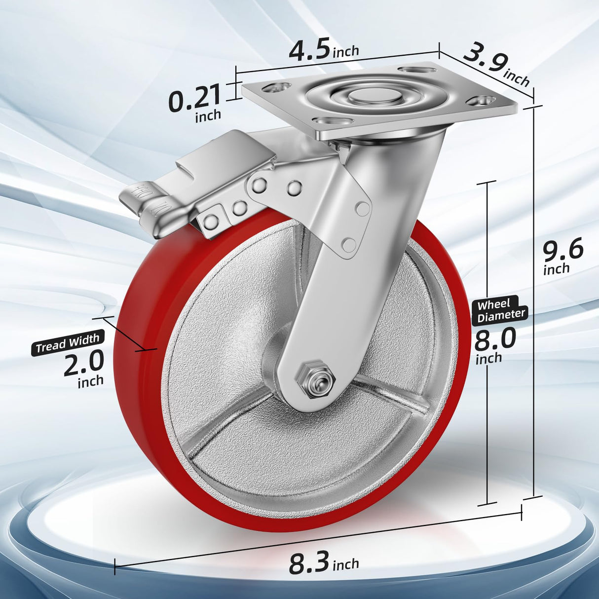 8" Caster Wheels, Casters Set of 4 - Heavy Duty Casters, Swivel Industrial Casters with Brake, Locking Casters with No Noise Polyurethane on Steel Wheels for Toolbox Workbench, Total Capacity 6000 lbs OVLLAN