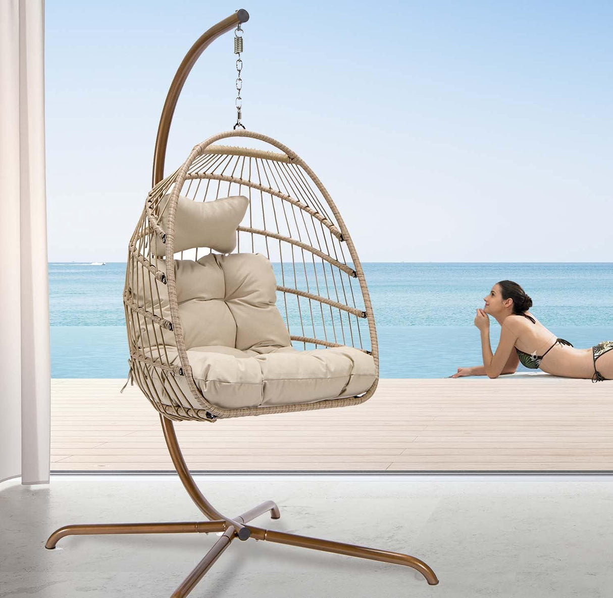 NICESOUL Hanging Egg Chair with Stand Indoor Outdoor, Comfy Patio Rattan Swing Hammock Chairs with Cushion, 350lbs Capacity Egg Shaped Chair for Lawn Backyard Balcony Bedroom, Birthday Gift, Beige NICESOUL
