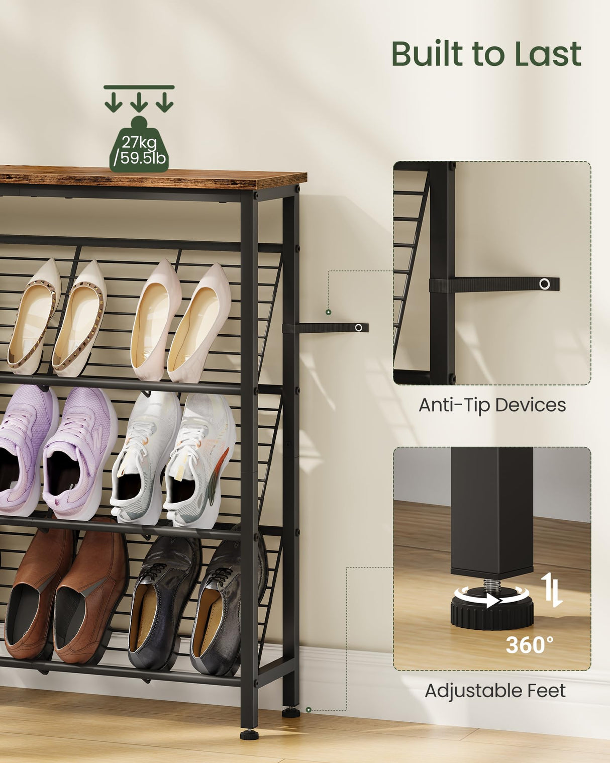 CHOEZON Shoe Rack, 4-Tier Narrow Shoe Storage Shelf, Slim Shoe Rack with Wooden Top and Metal Shelves, Slanted Shoe Organizer, Industrial Style, for Entryway, Hallway, Rustic Brown and Black TXJ76BF CHOEZON