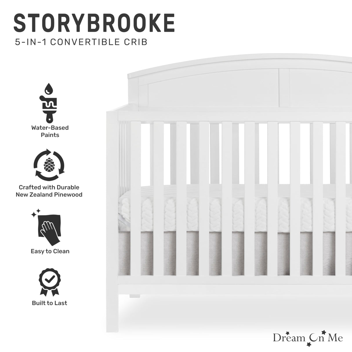 EVOLUR Dream On Me Storybrooke 5 in 1 Convertible Crib in White, JPMA & Greenguard Gold Certified,Built of Sustainable Pinewood, 3 Mattress Height Settings, Non-Toxic Water-Based Paint Finish Dream On Me
