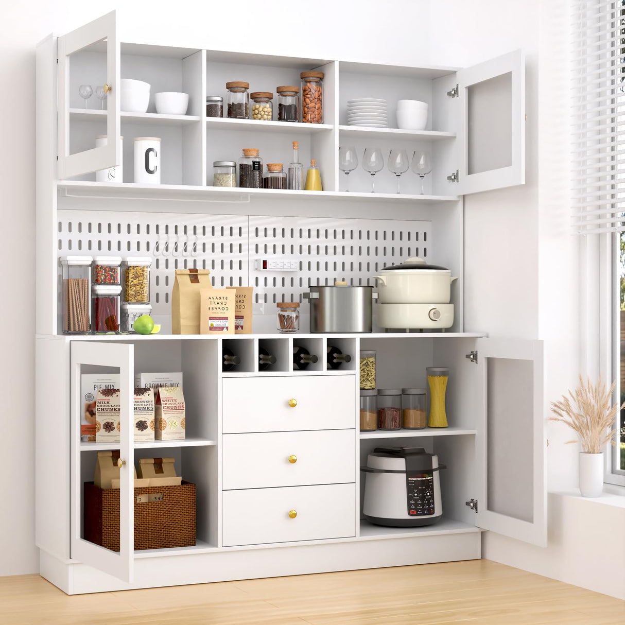 VOWNER Kitchen Hutch Cabinet, Pantry Cabinet, Freestanding Buffet Hutch with Pegboard, Cup Holder, Power Outlet, 4 Doors & 3 Drawers, Cupboard with Microwave Shelf & Wine Racks (White) VOWNER