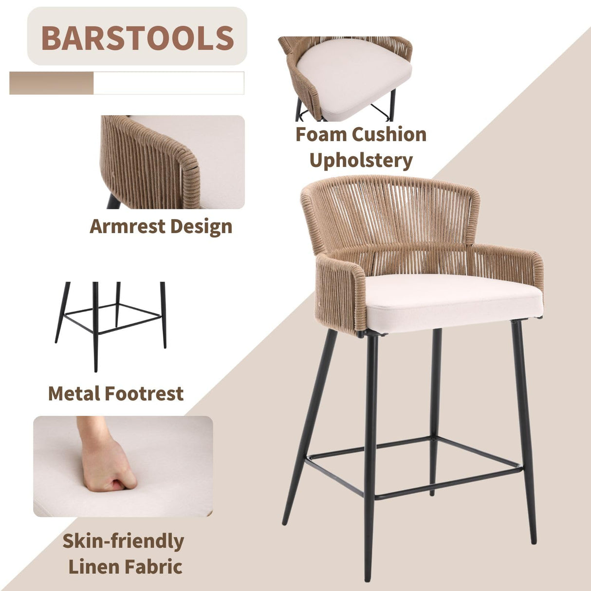 HNY Farmhouse Woven Bar Stools Set of 3, 26 Inch Linen Upholstered Rattan Barstools with Curved Backs, Modern Cane Counter Height Bar Chairs with Metal Legs and Armrest for Kitchen Island, Beige HNY