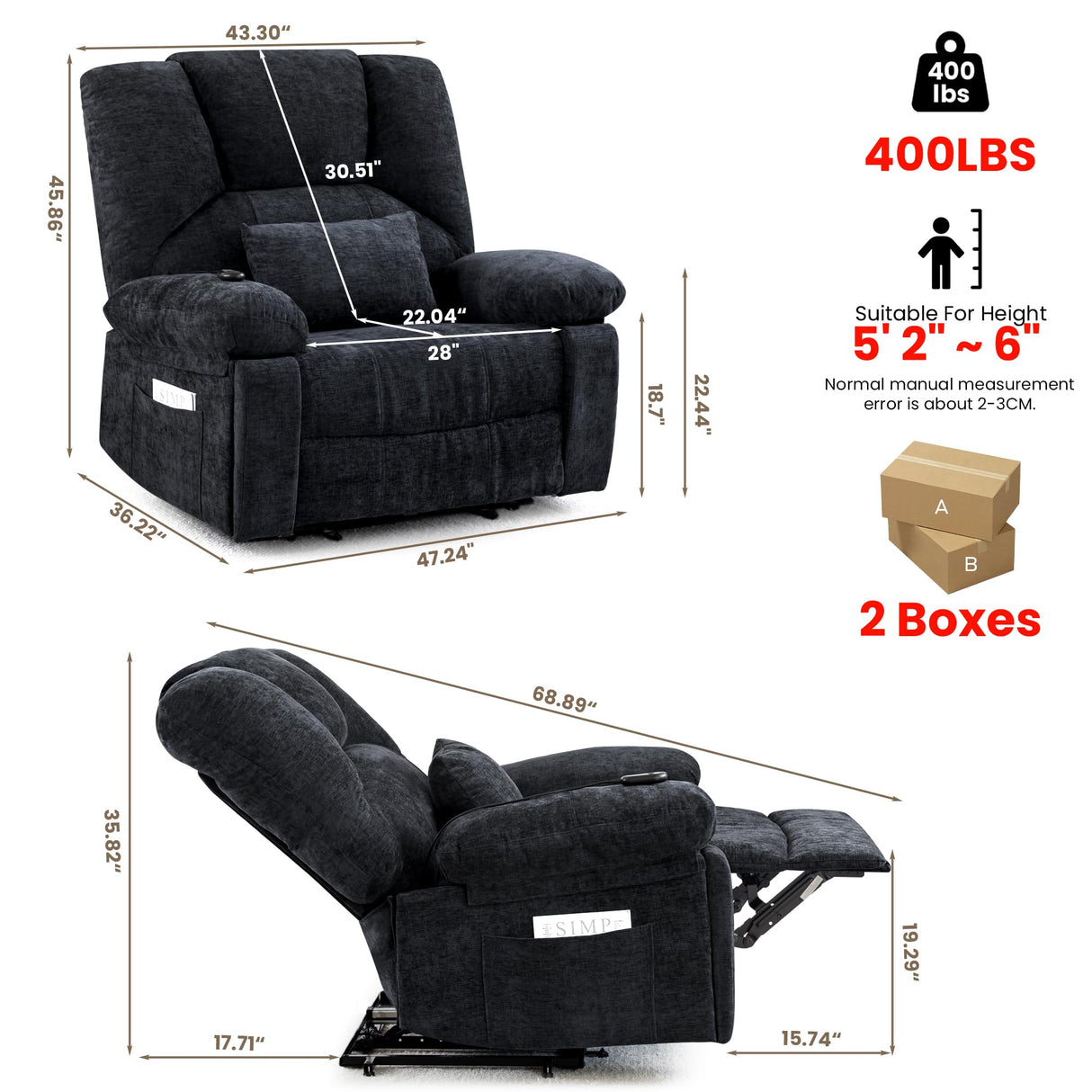 HOMYEDAMIC Oversized Power Recliner Chair 350lb with Hidable Cup Holders, Extra Wide Large Big Electric Recliner Chair with Lumbar Support Pillow Nursery Chair Living Room (Power, Black) HOMYEDAMIC