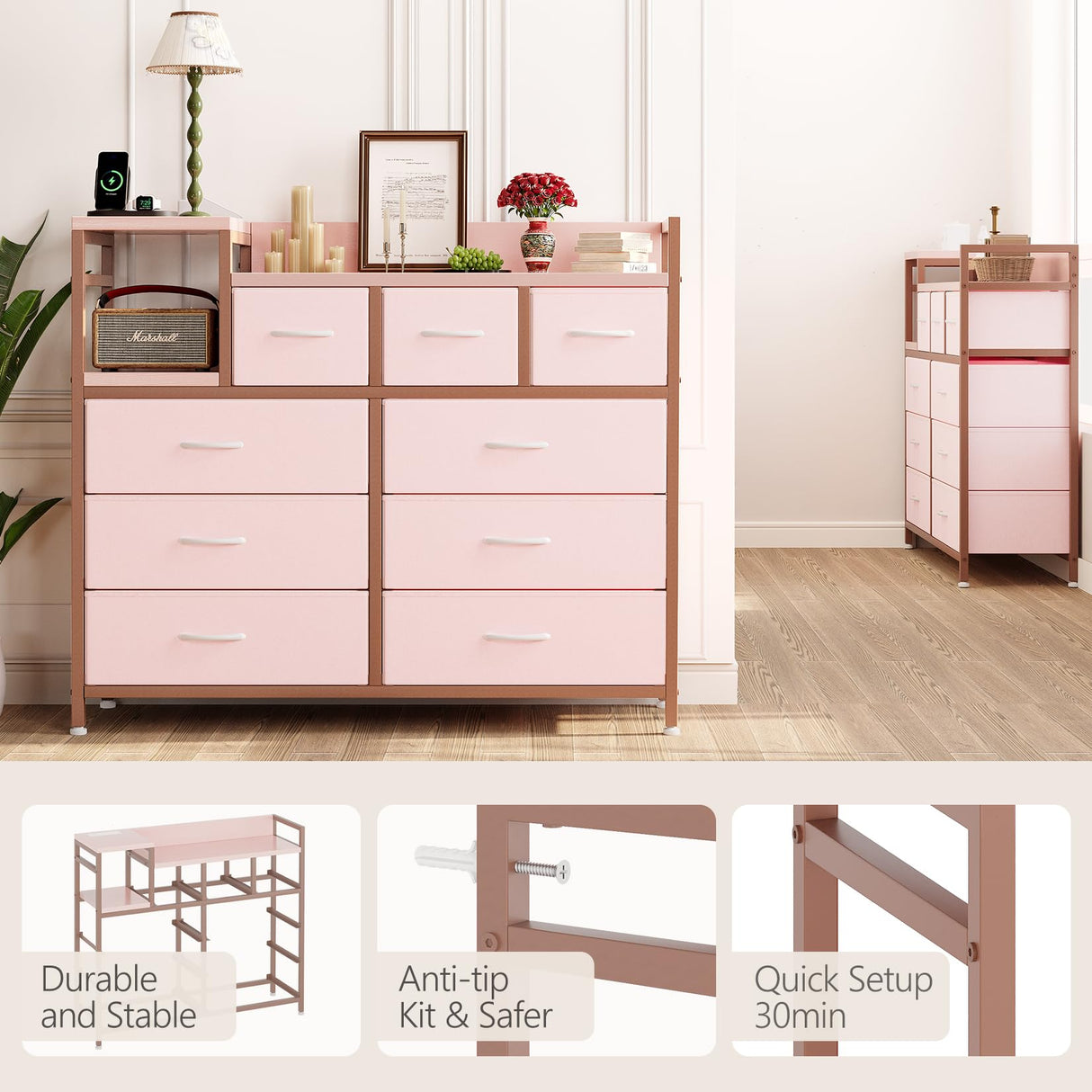 GarveeHome Dresser for Bedroom with 9 Drawer, Tv Stand with Charging Station, Fabric Chest of Drawers for Bedroom Dresser for Modern Design, Pink GarveeHome