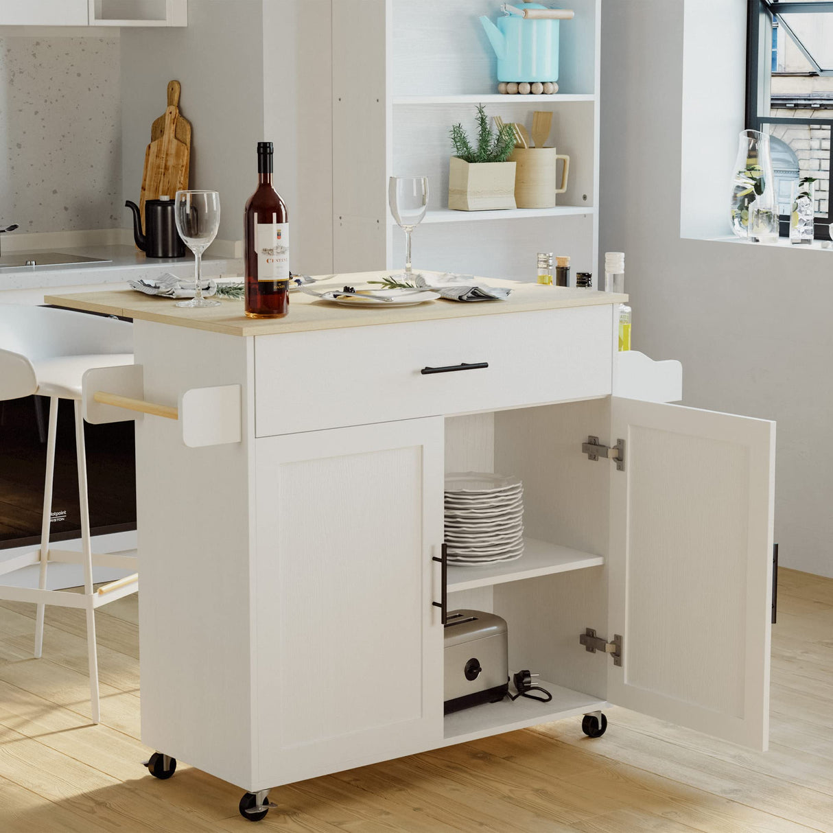 IRONCK White Rolling Kitchen Island with Drop Leaf, Storage Cabinet, and Spice Rack IRONCK