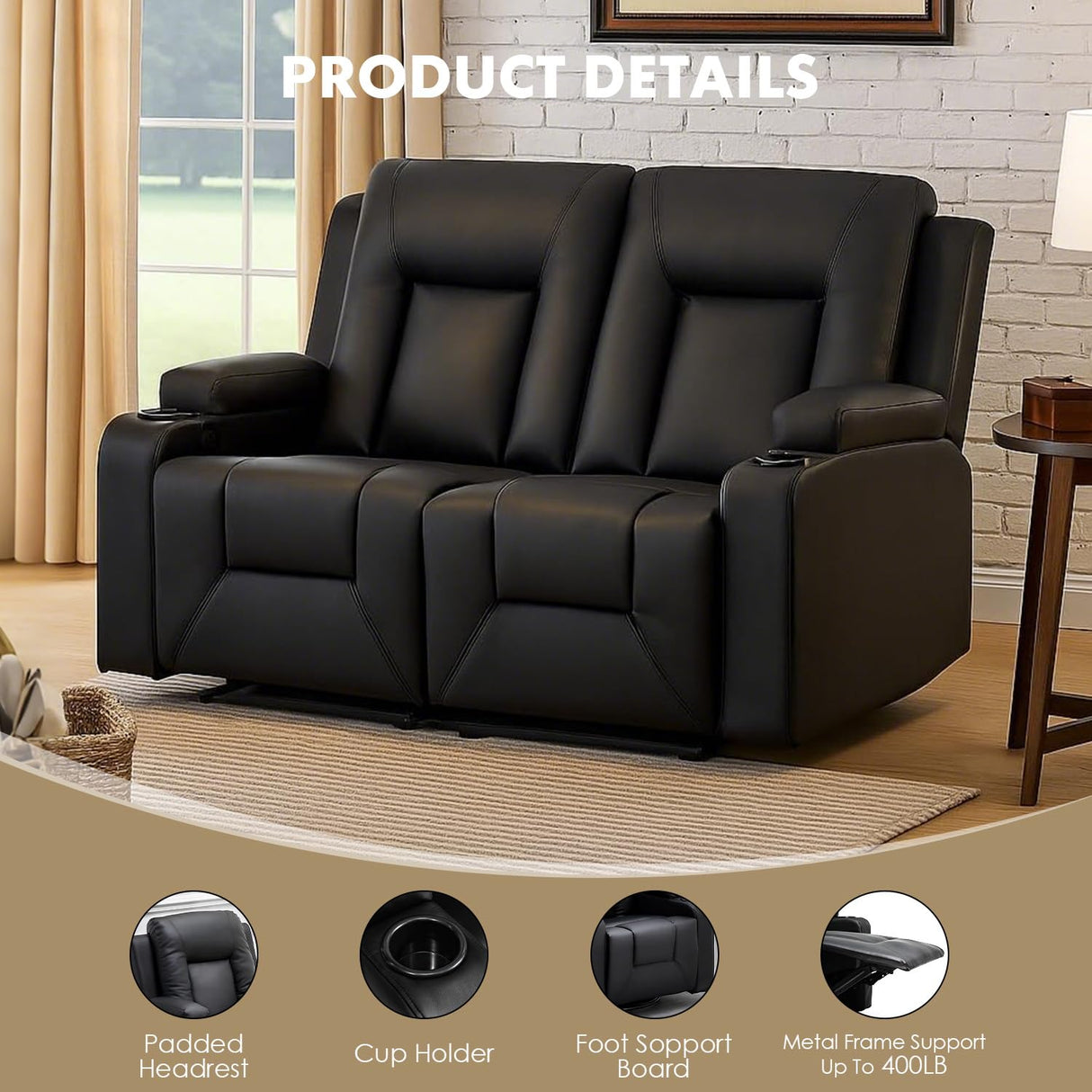 LUCKLIFE Leather Recliner Sofa Set with Manual Recliners,Living Room Furniture Set with Reclining Couch,Loveseat and Armchair,Living Room Chair with Cup Holders,Black (2) LUCKLIFE