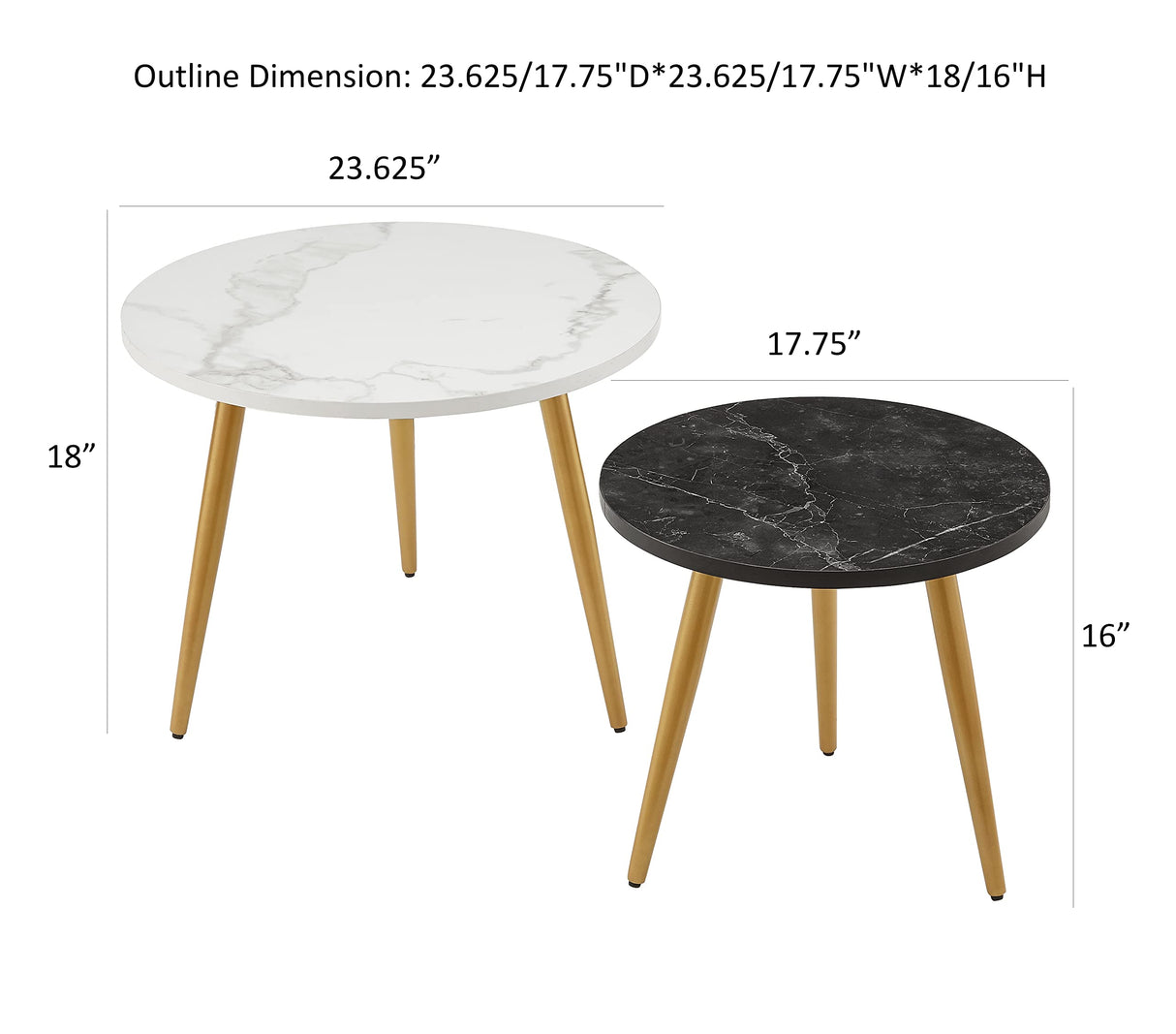 Ball & Cast Nesting End Coffee Table Set of 2, 23.6"&17.75" Dia-Tapered Leg, White/Black Ball & Cast