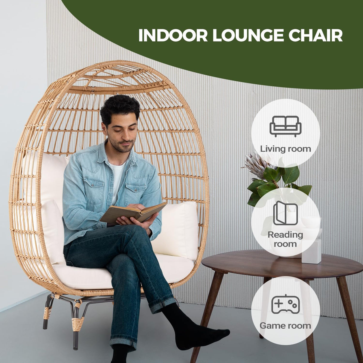 OTSUN Wicker Egg Chair, Oversized Egg Basket Chair for Living Room, Backyard, Outdoor Indoor Lounger with 4 Cushions, 440lb Capacity, Steel Frame, Ivory OTSUN