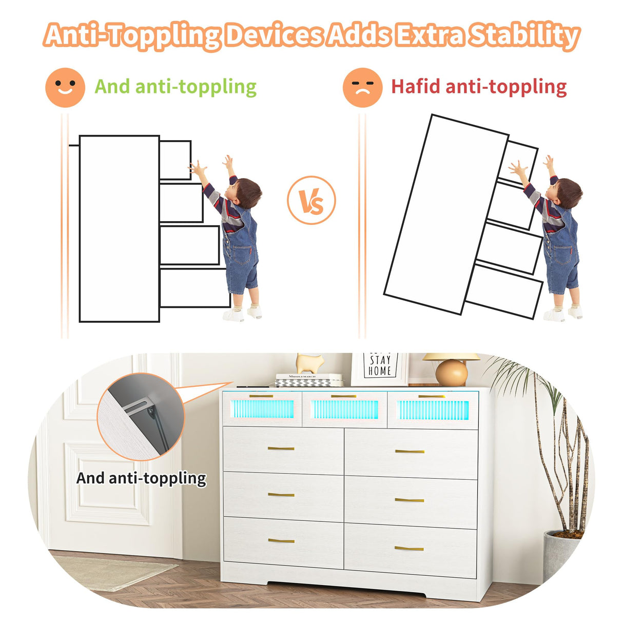 Vibe & Dine 9 Drawer Dresser with LED Lights and Charging Station, Modern Chest of Drawers Closet Organizer, Wood Wide Storage Dresser for Bedroom, Living Room Vibe & Dine