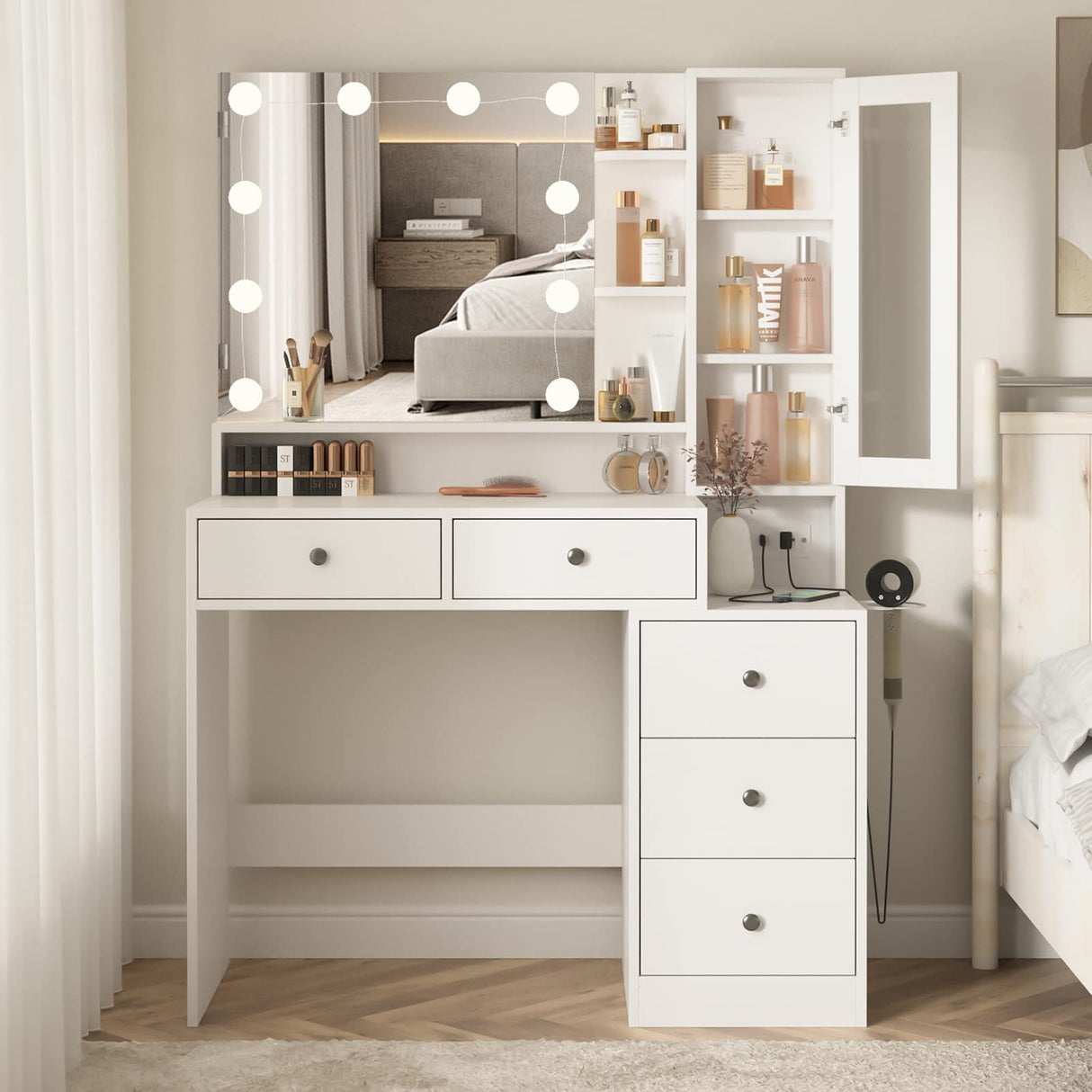 Fameill White Makeup Vanity Desk with Mirror and Lights,Vanity Table with Power Strip and Lighted Mirror,Large Makeup Table with 5 Drawers Lots Storage,3 Lighting Modes,39.4inch(L) Fameill