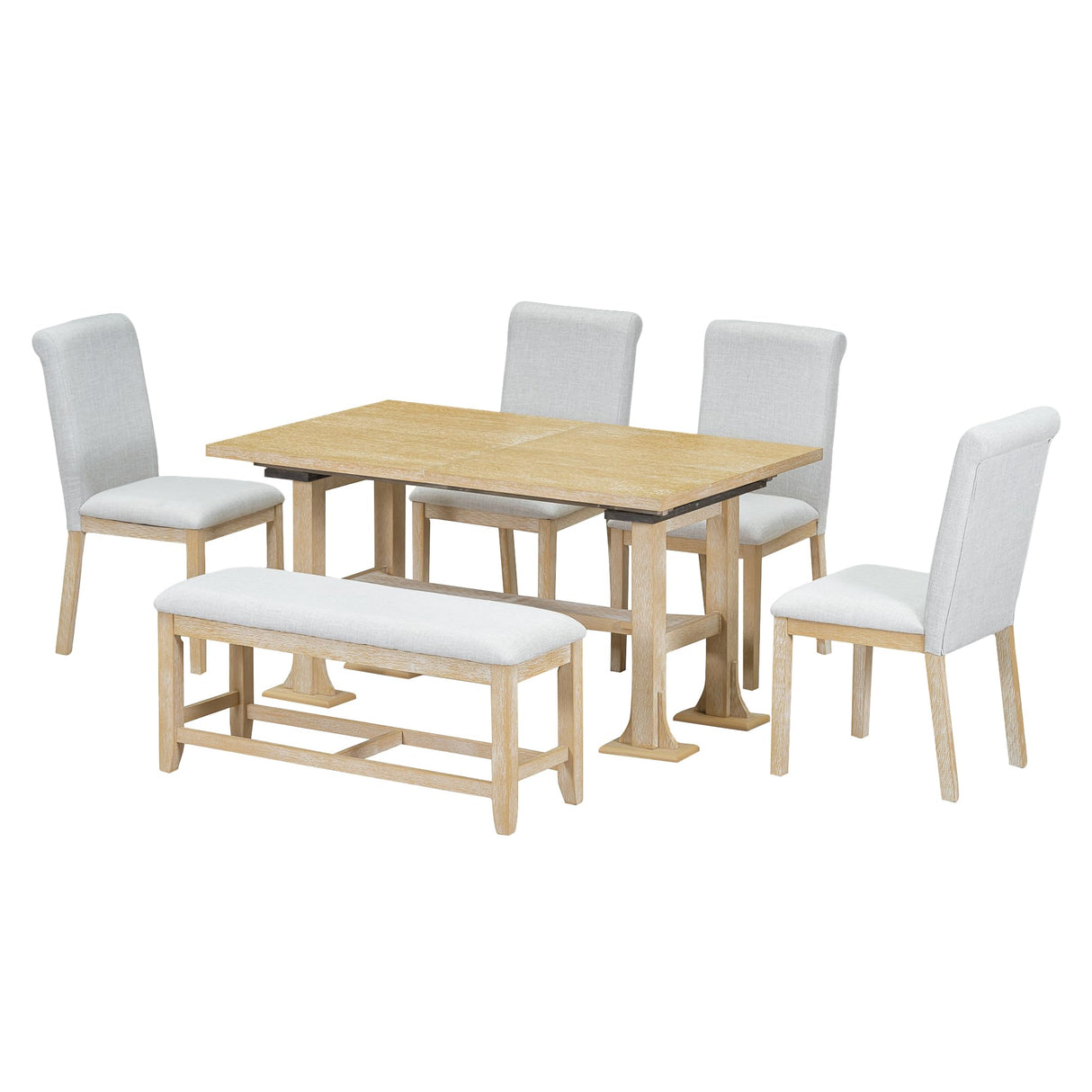 Merax 6-Piece Dining Table Set, 76 inch Extendable Table with 18inch Removable Leaf & Upholstered Chair & Bench, Wood Rectangular Dining Set, Farmhouse Kitchen Dining Table Set for 6 (Natural) Merax