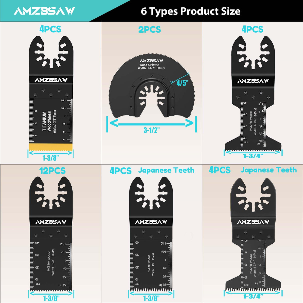 AMZBSAW 30 PCS Oscillating Tool Blades, 6 Types Oscillating Saw Blades for Metal Nails and Wood Plastic, Professional Multi Tool Blades Kits Fit Bosch Dewalt Ryobi Milwaukee AMZBSAW
