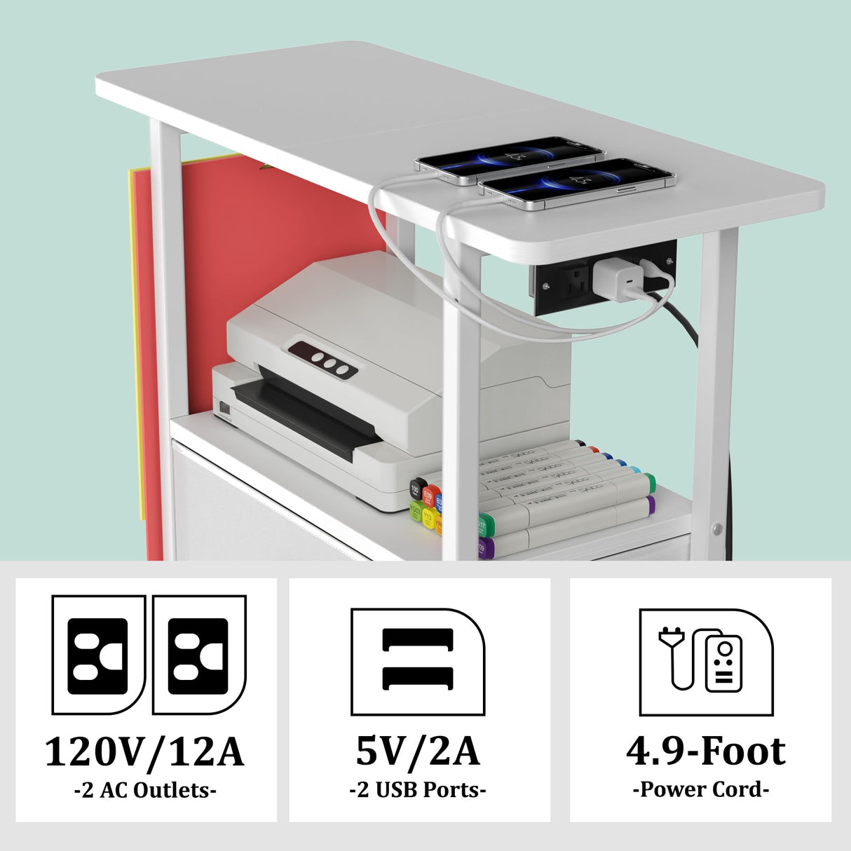 Rolling Craft Cart with Charging Station & Fabric Drawer, 24 Vinyl Roll Holders for Cricut, Organizers and Storage Compatible with Maker, Organization for Craft Room, White Jchccu
