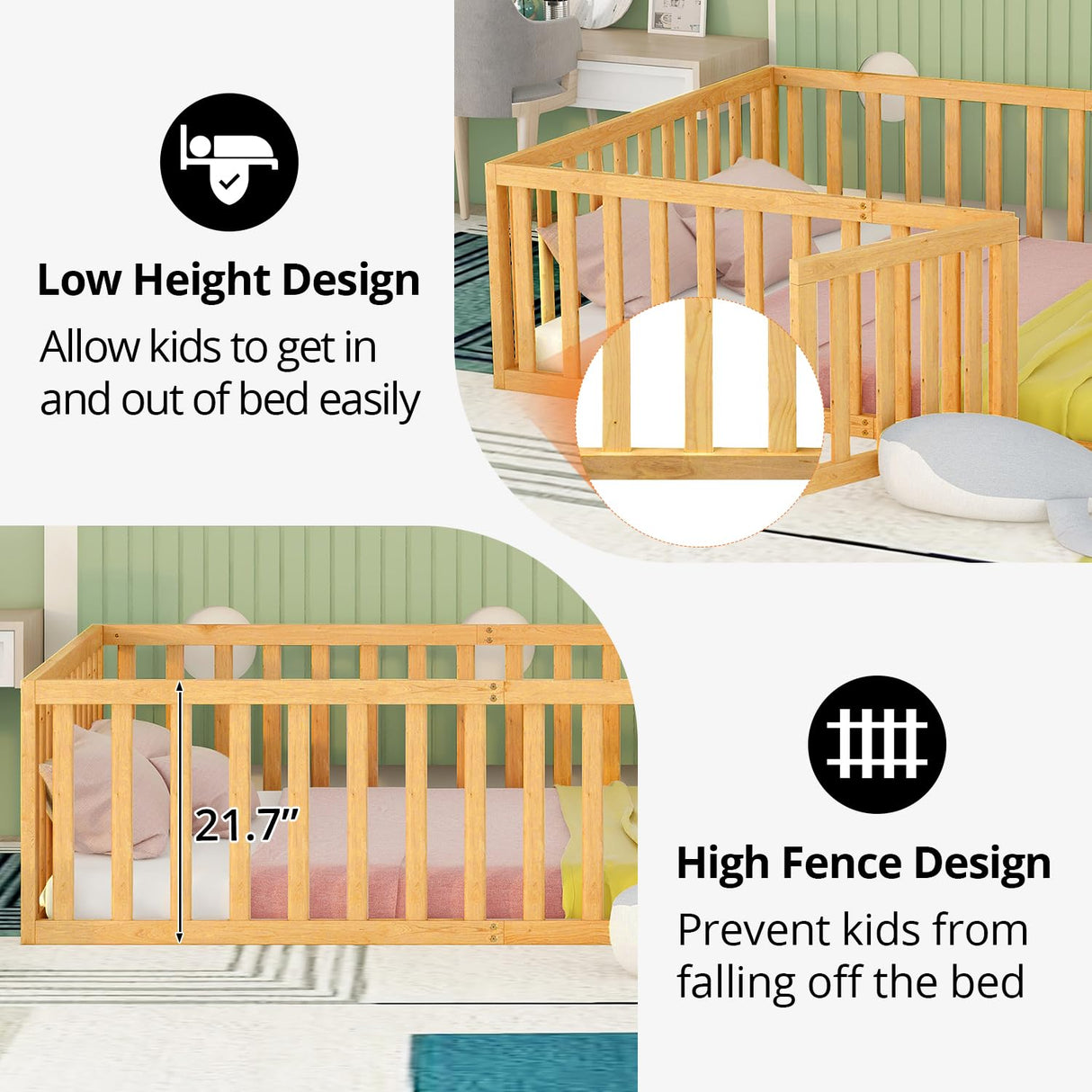 Solid Wood Montessori Floor Bed with Fun Door and Safety Guardrails for Kids LLS