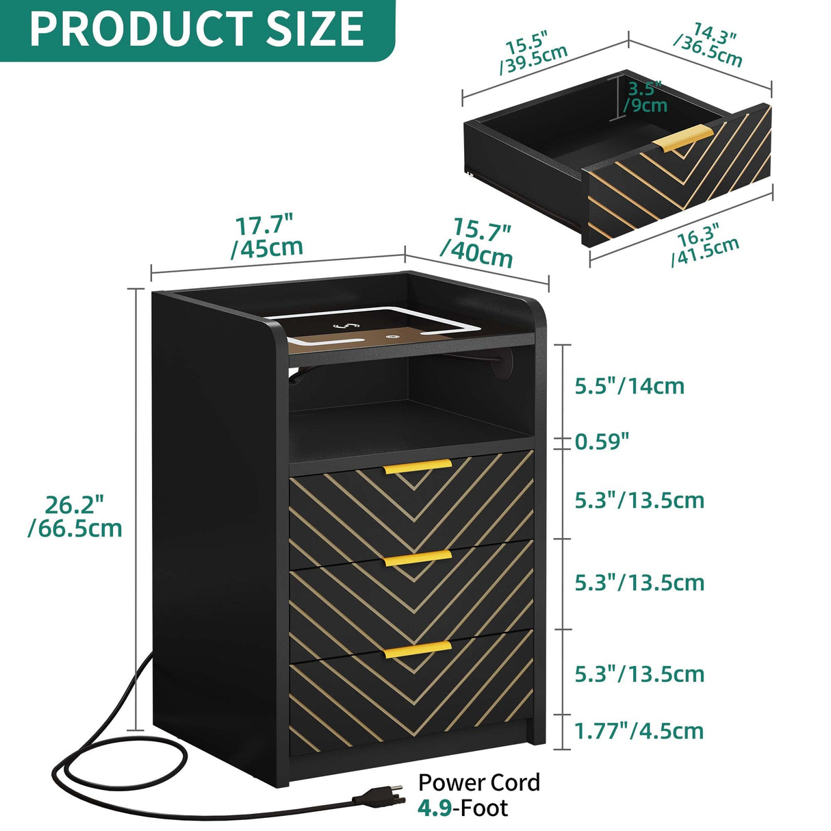 YITAHOME LED Nightstand with Wireless Charging Station & USB Ports, Night Stands with 3 Drawers for Bedroom, Modern Bedside Tables with Touch LED Light, Black YITAHOME