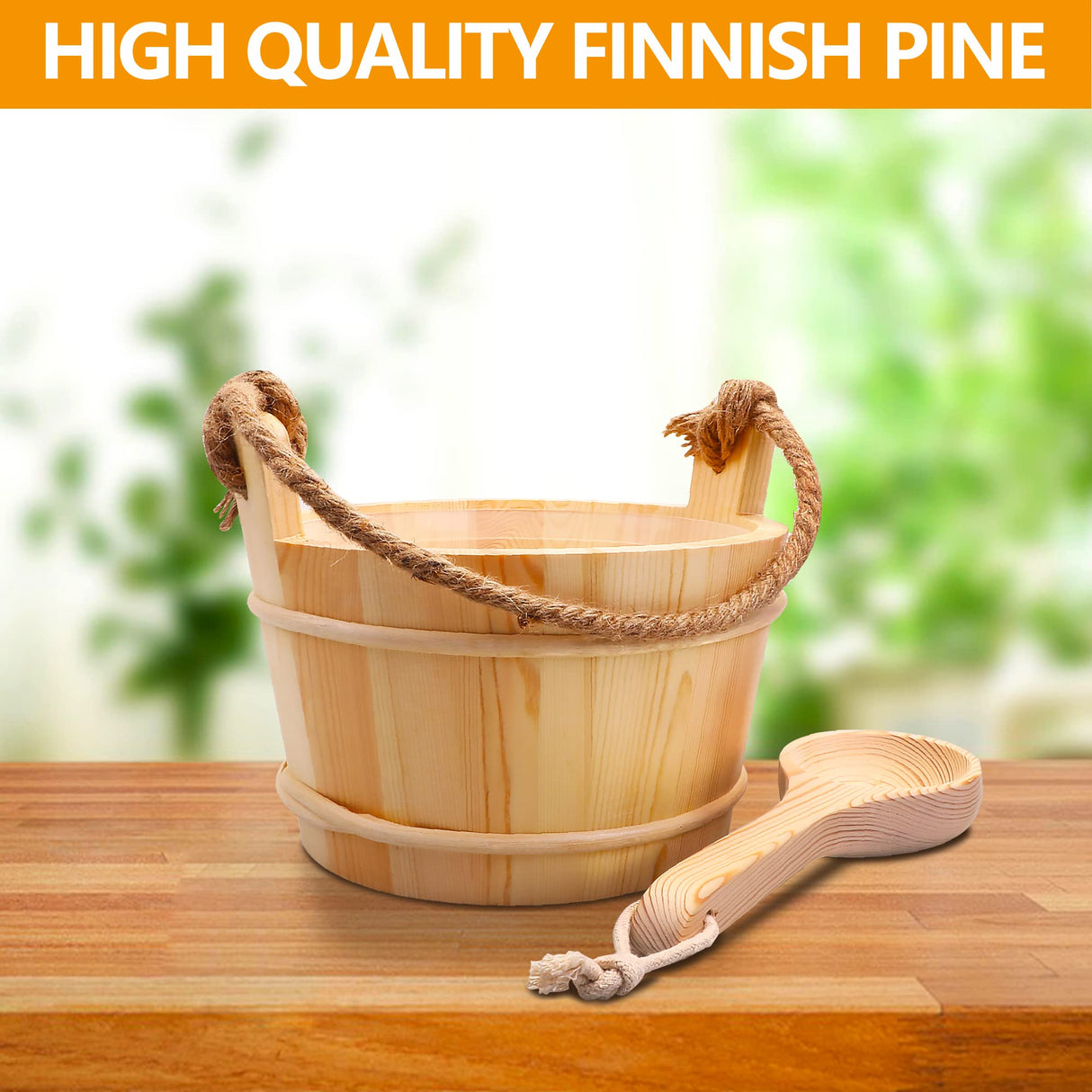 KAKUNM Sauna Bucket and Ladle 5 Liter (1.3 Gallon), Sauna Bucket, Finnish Pine Wooden Spa Accessories with Handmade Sauna Water Bucket, Plastic Liner and Rope Handle KAKUNM