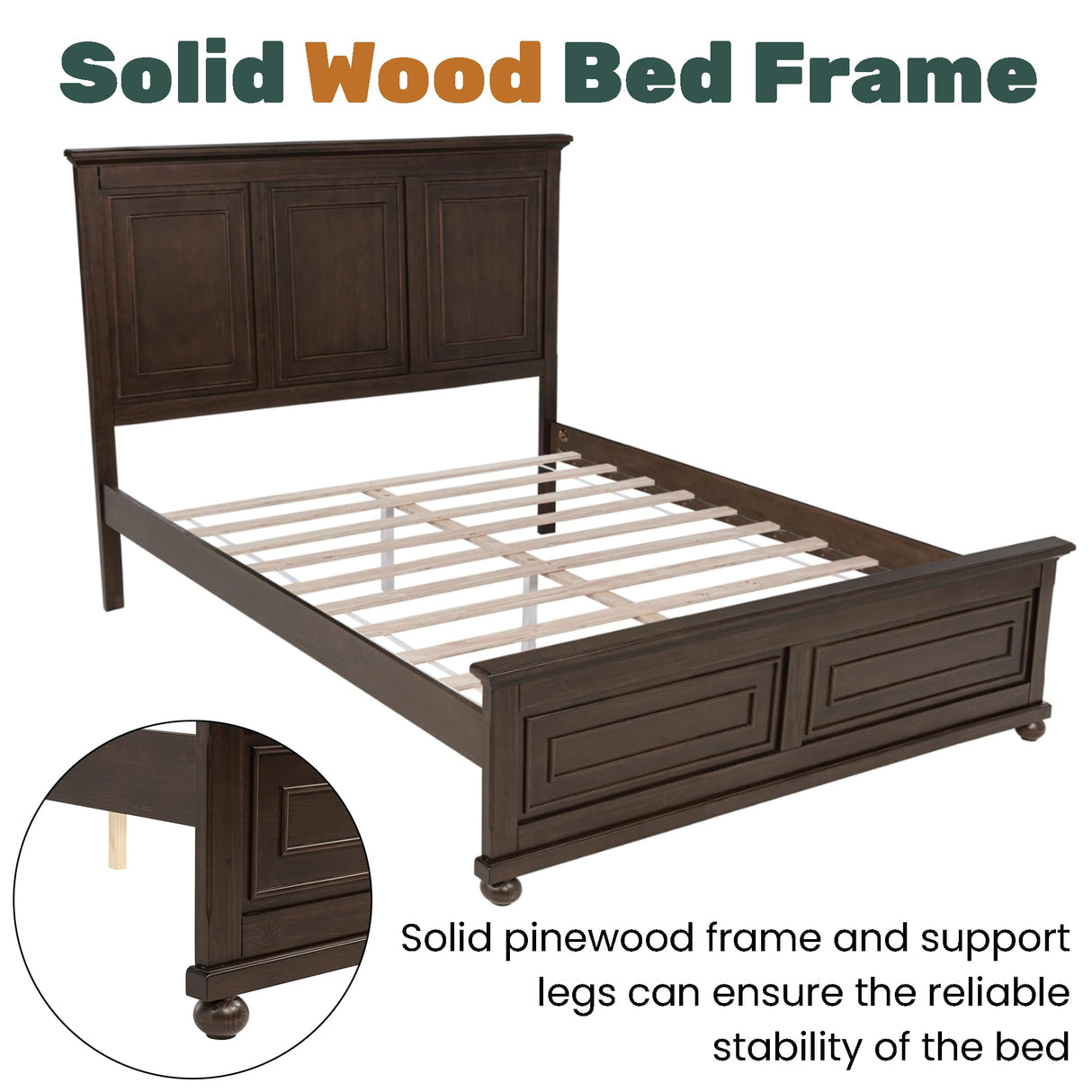 Mirightone Wood Queen Bed Frame with Tall Headboard and Footboard, Rustic Queen Panel Bed with Under Bed Storage, Farmhouse Style, Noise-Free, No Box Spring Needed, Antique Brown Mirightone