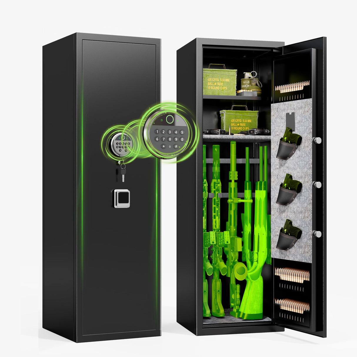 8-10 Gun Safe for Rifles and Pistols,Home Safety Cabinet,No Assembly Required Gun Storage,Biometric Fingerprint Locking Cabinet,Electronics Key Password Safes,Adjustable Partition Rifle Safes Leariso