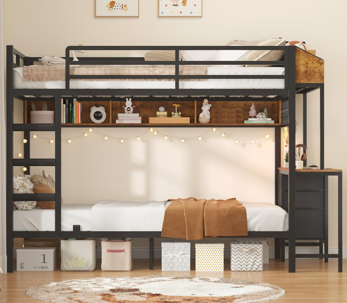 VIAGDO Bunk Bed Twin Over Twin with Charging Station and LED Lights, Heavy Duty Metal Bunk Bed with Desk and 3 Storage Drawers, Utility Storage Shelf and Boxes, No Box Spring Needed, Black VIAGDO