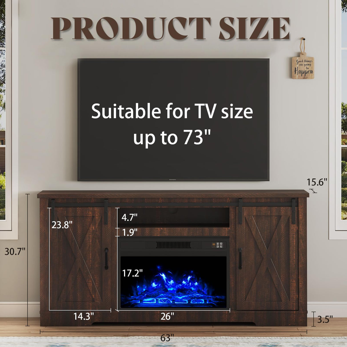 AMERLIFE Fireplace TV Stand with Sliding Barn Door for TVs up to 73", Farmhouse 63" Fireplace Entertainment Center with Storage Cabinets/Adjustable Shelves, Reclaimed Barnwood AMERLIFE
